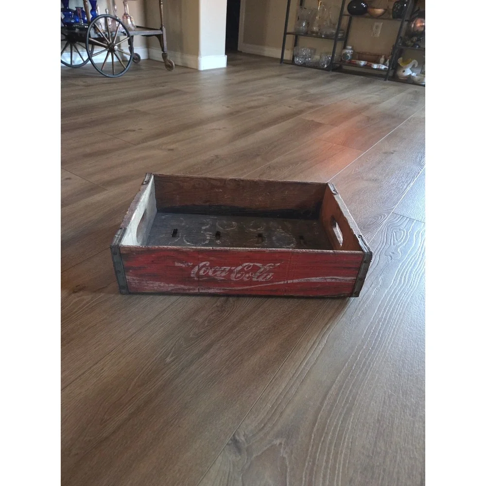 Vintage 70s Coca-Cola Wooden Soda Crate Red Rustic Metal Reinforced Storage Box
